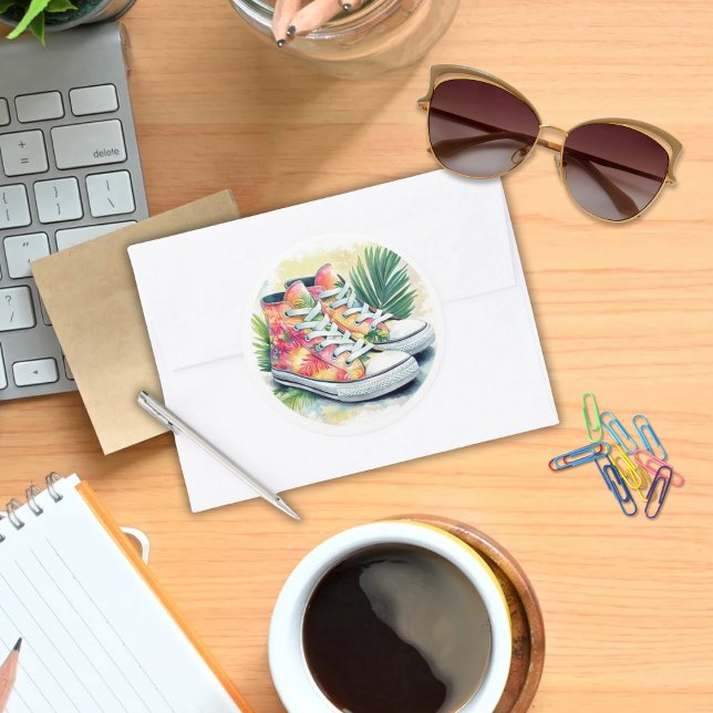 Rond Sticker Basket Hawaiian Haut-Top (Hawaiian Print Kids High Top Sneakers Watercolor with Palms Sticker)