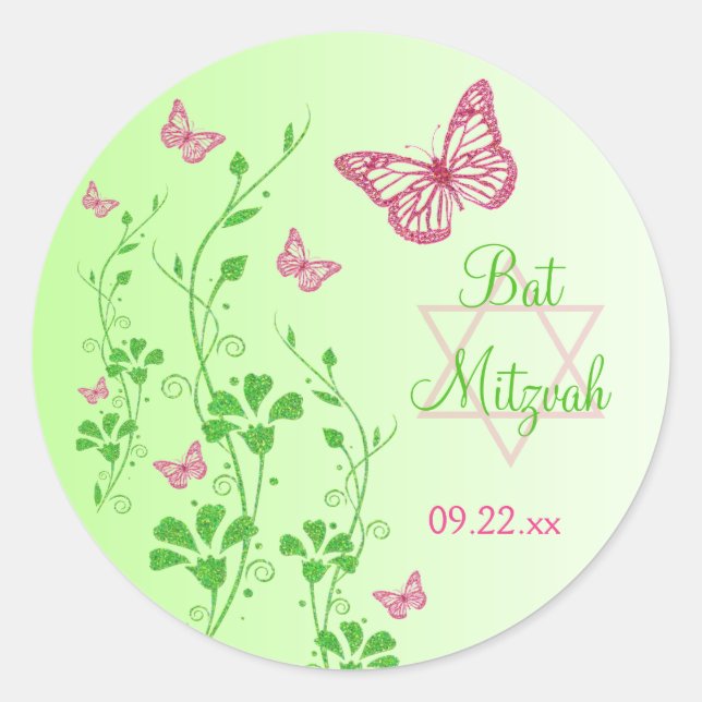 Rond Sticker Bat mitzvah aux papillons floraux roses et (Devant)