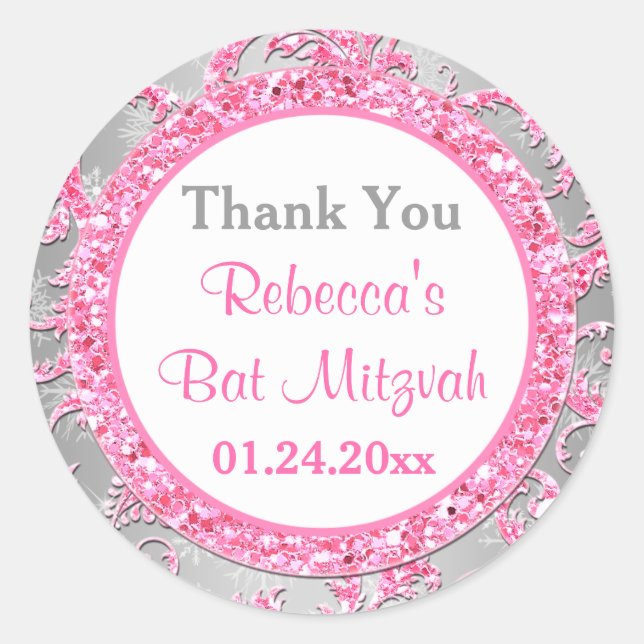 Rond Sticker Bat mitzvah Damask Winter Wonderland 3 (Devant)
