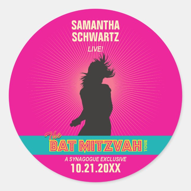 Rond Sticker Bat mitzvah Rock Star en rose chaud (Devant)