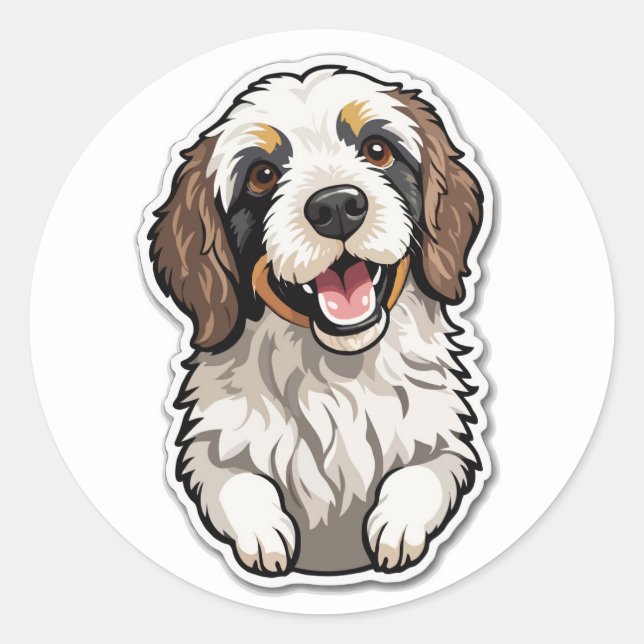 Rond Sticker Bernedoodle joyeux : Chien de race mixte (Devant)
