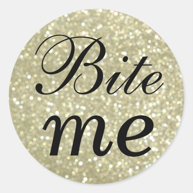 Rond Sticker Black and Glittery Gold Bite Me (Devant)