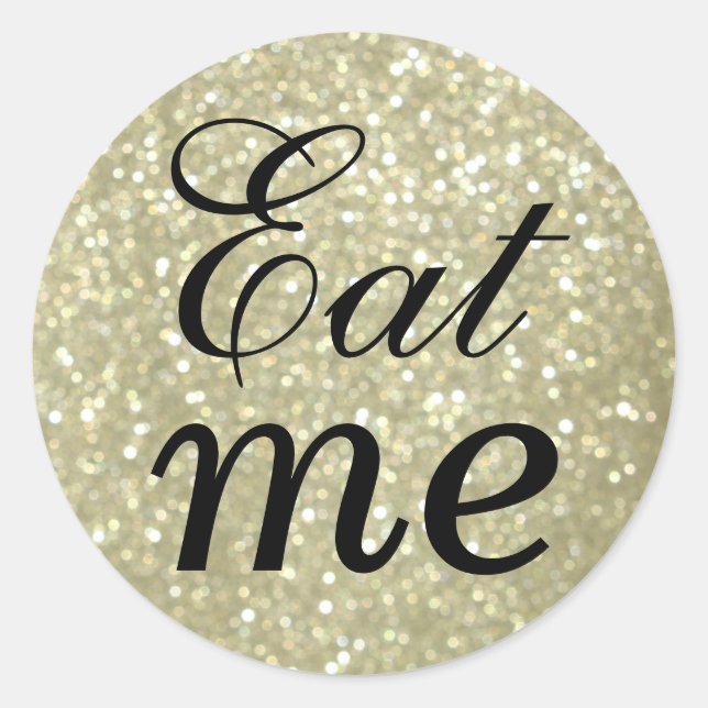 Rond Sticker Black and Glittery Gold Mange Me (Devant)