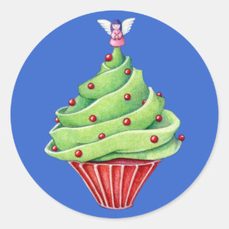 Rond Sticker bleu Cupcake Tree de Noël