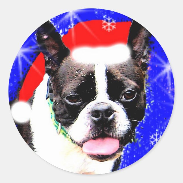 Rond Sticker Boston Terrier Père Noël (Devant)