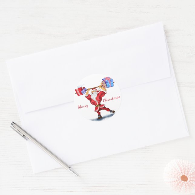 Rond Sticker cadeau de Noël Bodybuilder Père Noël Fun (Enveloppe)