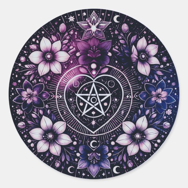 Rond Sticker cardiaque au pentagramme céleste avec fleu (Devant)