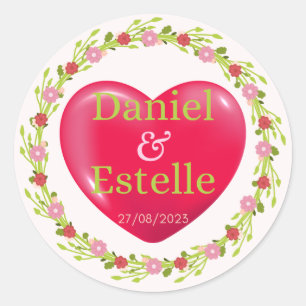 Rond Sticker cardiaque Mariage personnalisé avec Floral