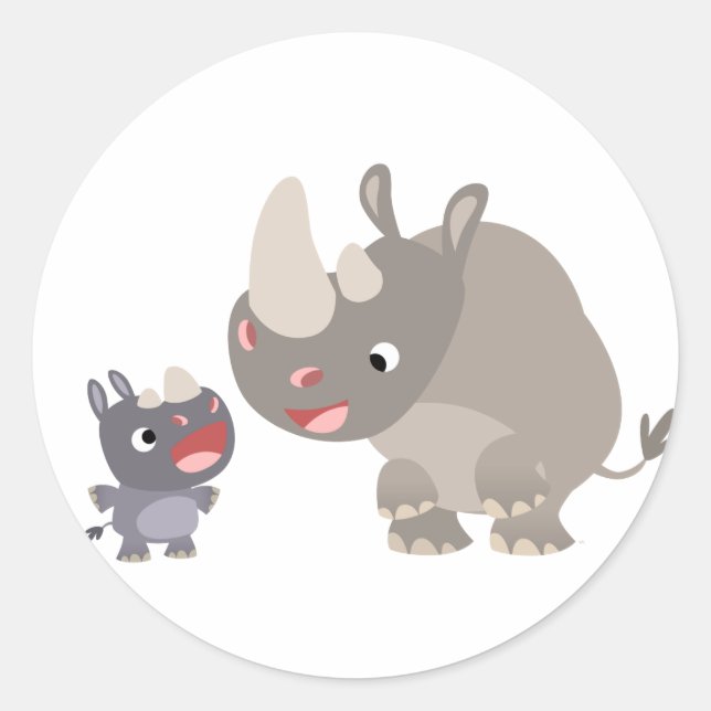 Rond Sticker Cartoon Rhino Baby & Big Rhino (Devant)