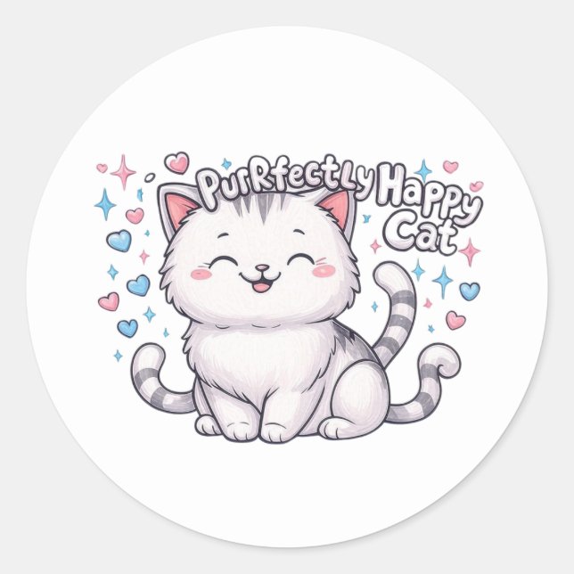 Rond Sticker Cat Cute, Parfaitement Heureux (Devant)