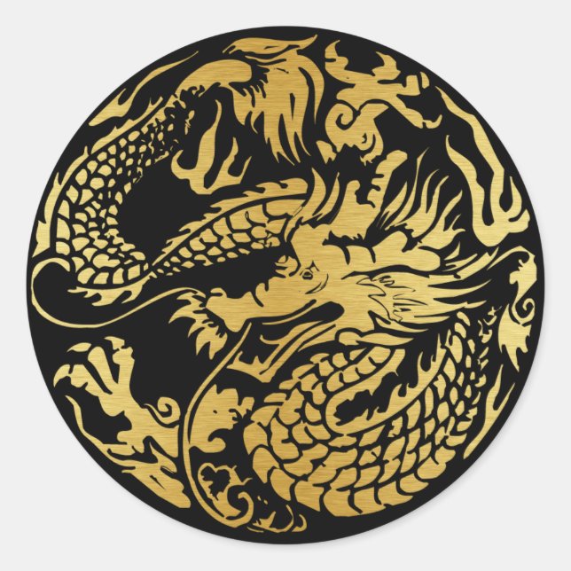 Rond Sticker chinois dragon noir et or (Devant)