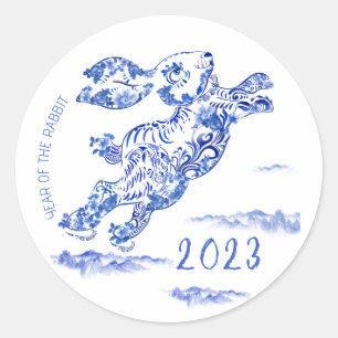 Rond Sticker chinois pour le Nouvel An bleu blanc lapin