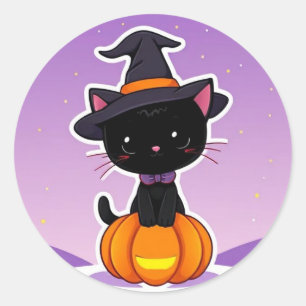 Rond Sticker Citrouille de chat noir Kawaii Halloween