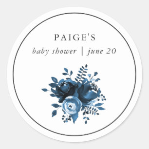 Rond Sticker classique Baby shower floral bleu et blanc