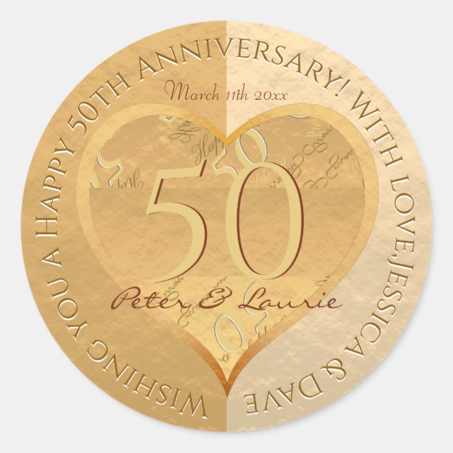 Rond Sticker Coeur d'or du 50e anniversaire du Mariage (Devant)