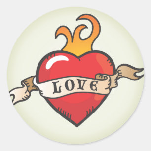 Rond Sticker Coeur Flamme De Tatouage