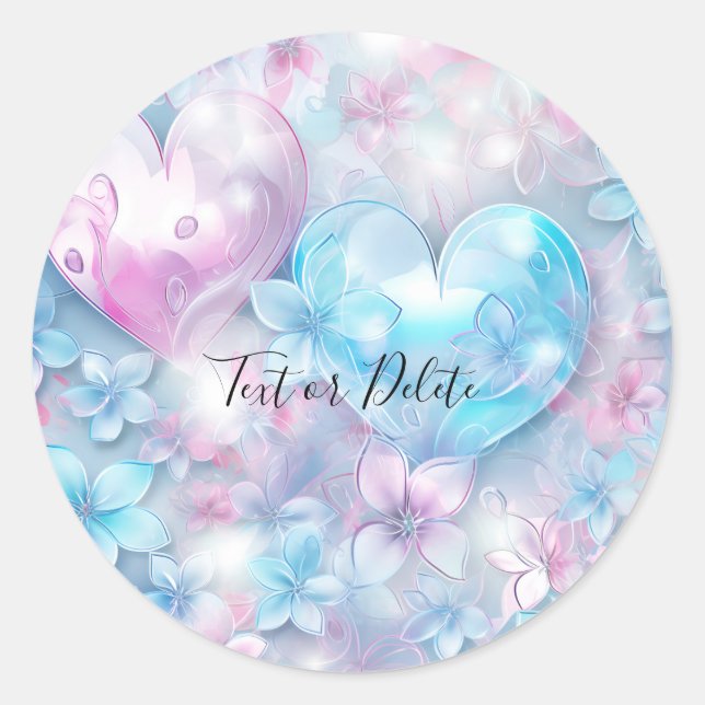 Rond Sticker Coeurs et Fleurs Aqua Roses (Devant)