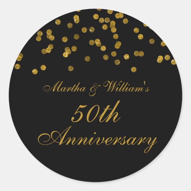 Rond Sticker Confetti Noir et Or 50e Anniversaire (Devant)