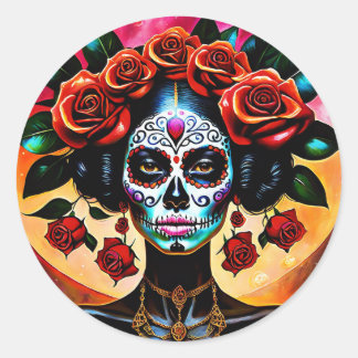 Rond Sticker crâne Rose Hermosa Jour des Morts