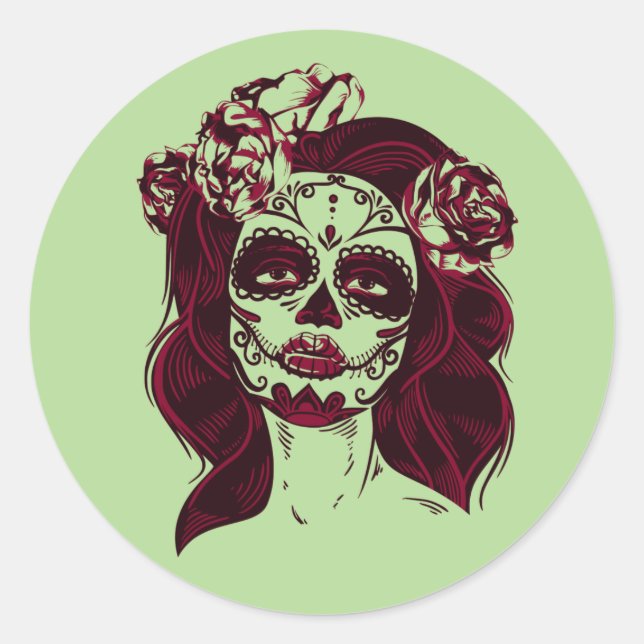 Rond Sticker crâne sucre fille Green-Day of Dead (Devant)