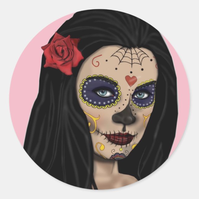 Rond Sticker crâne sucre fille Pink Day of Dead (Devant)