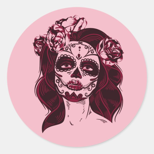 Rond Sticker crâne sucre fille rose - Jour des morts (Devant)