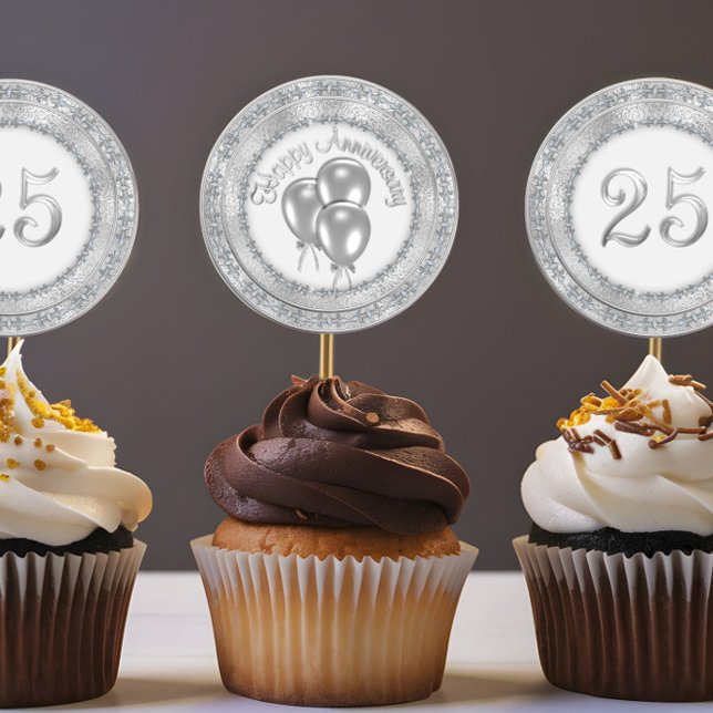 Rond Sticker Cupcake 25e anniversaire en argent (Créateur téléchargé)