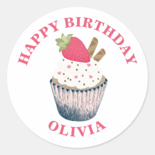 Rond Sticker Cupcake aux fraises - Sprinkings Coeur ros