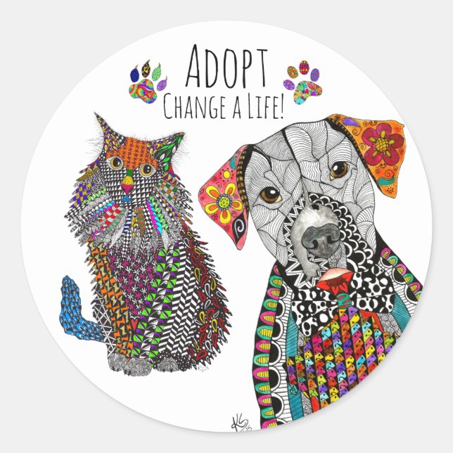 Rond Sticker d'adoption de chats et de chiens mignons e (Devant)