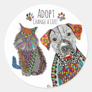 Rond Sticker d'adoption de chats et de chiens mignons e