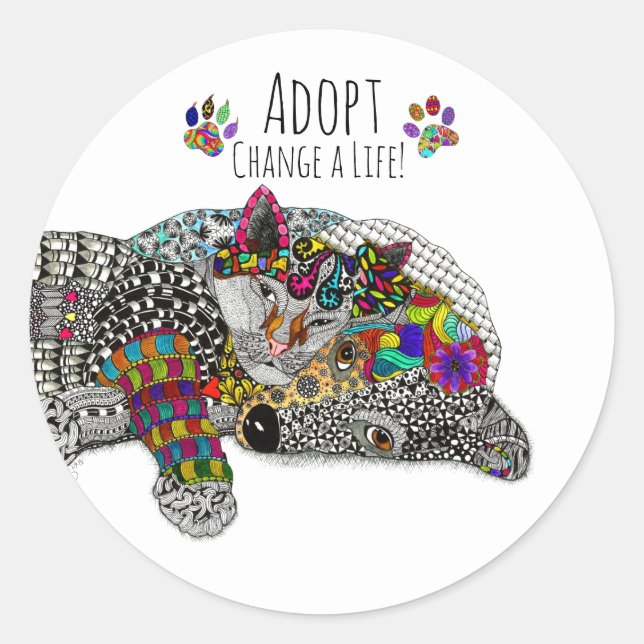 Rond Sticker d'adoption de chats et de chiens mignons e (Devant)