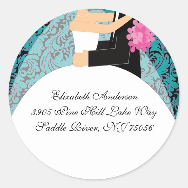 Rond Sticker d'adresse de mariée et de chambre Damask T (Devant)