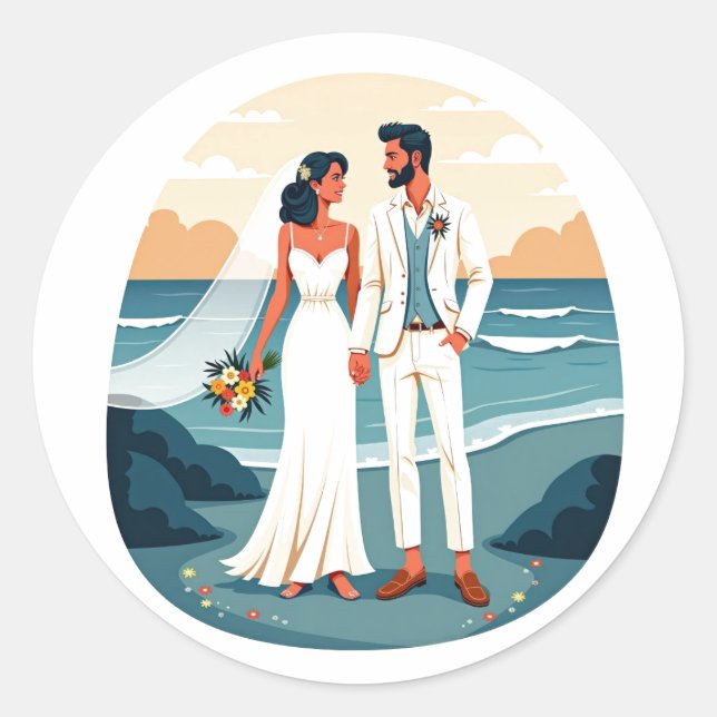Rond Sticker d'amour de mariage de plage (Devant)