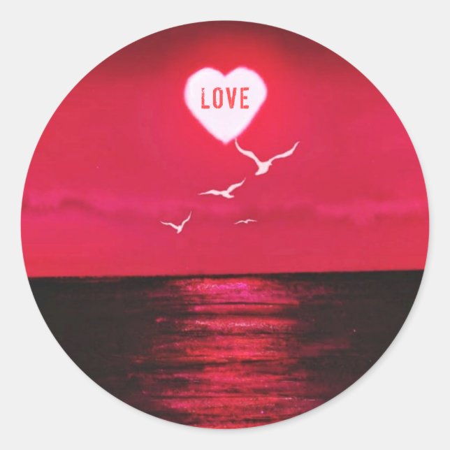 Rond Sticker d'amour du coucher de soleil de mer - Coeu (Devant)