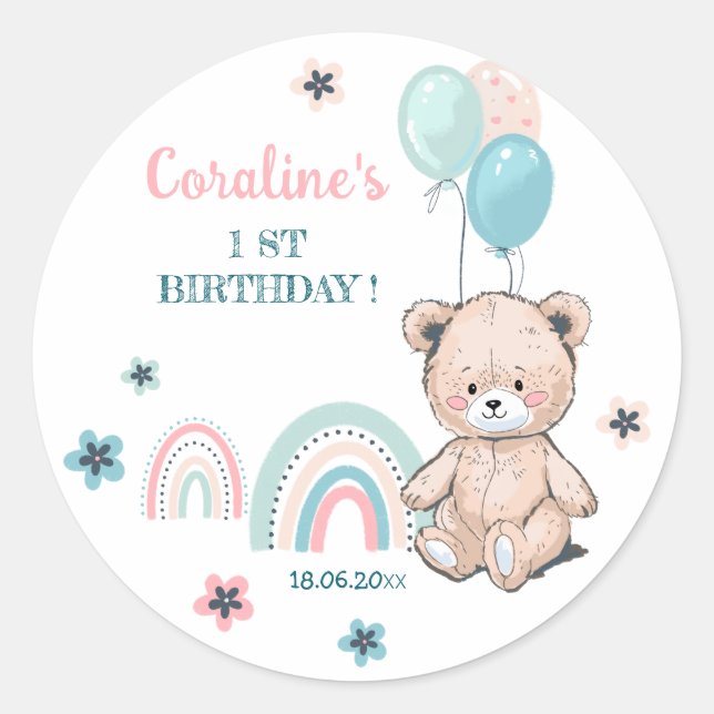 Rond Sticker d'anniversaire avec ours en peluche mignon (Devant)
