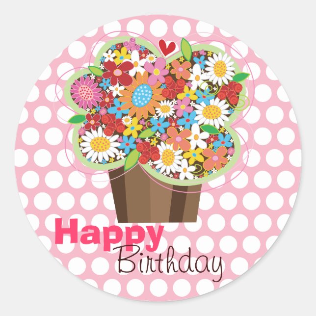 Rond Sticker d'anniversaire de cupcake Fleurs de printe (Devant)
