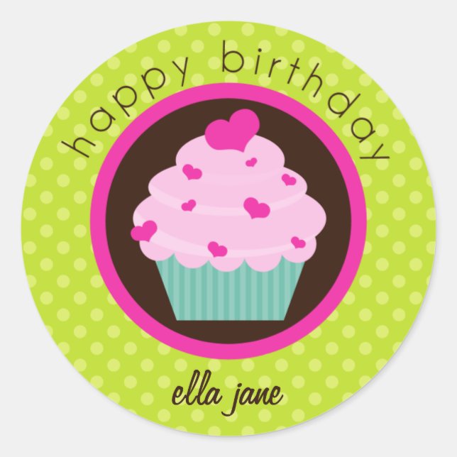 Rond Sticker d'anniversaire Green Polka Dot Cupcake (Devant)