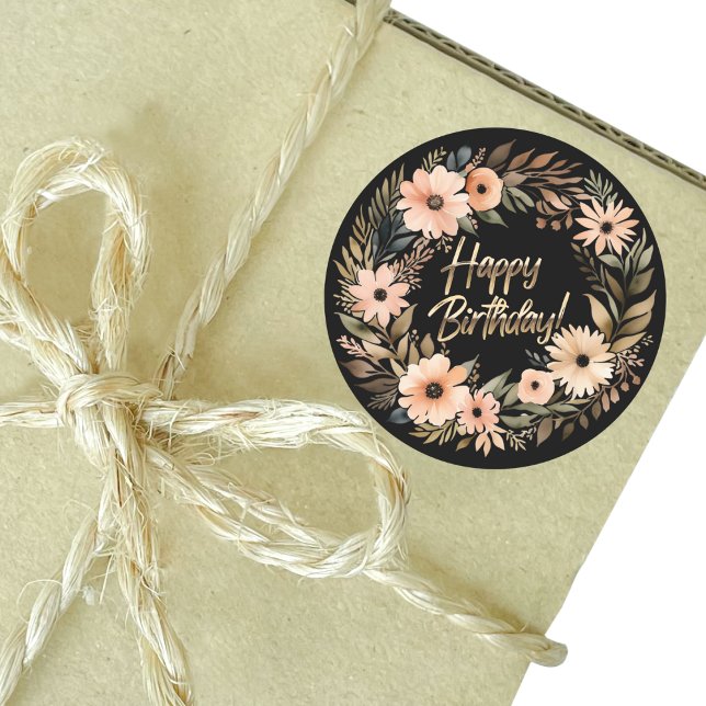 Rond Sticker d'anniversaire heureux avec des fleurs d'a (Happy Birthday Sticker with Watercolor Flowers Mockup 1)