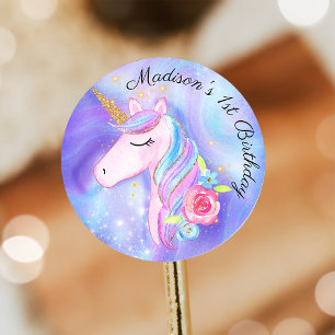 Rond Sticker d'anniversaire Magique violet Unicorne