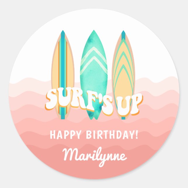 Rond Sticker d'anniversaire Pink Surfs Up Surboard (Devant)