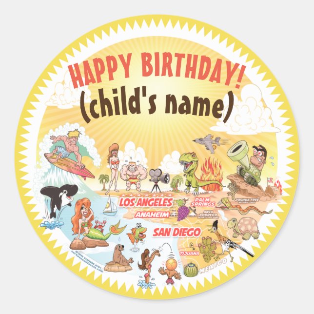 Rond Sticker d'anniversaire Sunny California Beach (Devant)
