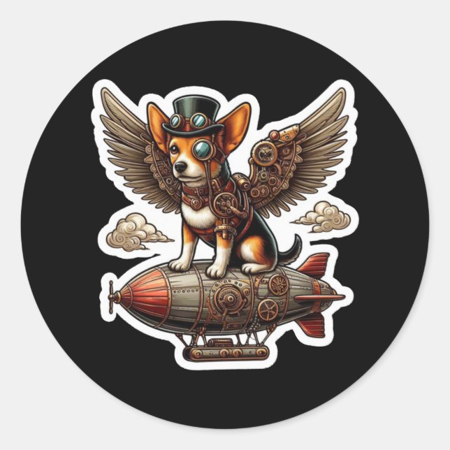 Rond Sticker d'aventure Steampunk Corgi - Flyi Whimsica (Devant)