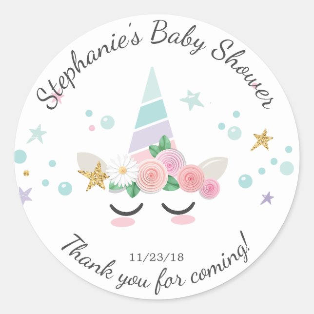 Rond Sticker de Baby shower de la licorne magique Favor (Devant)