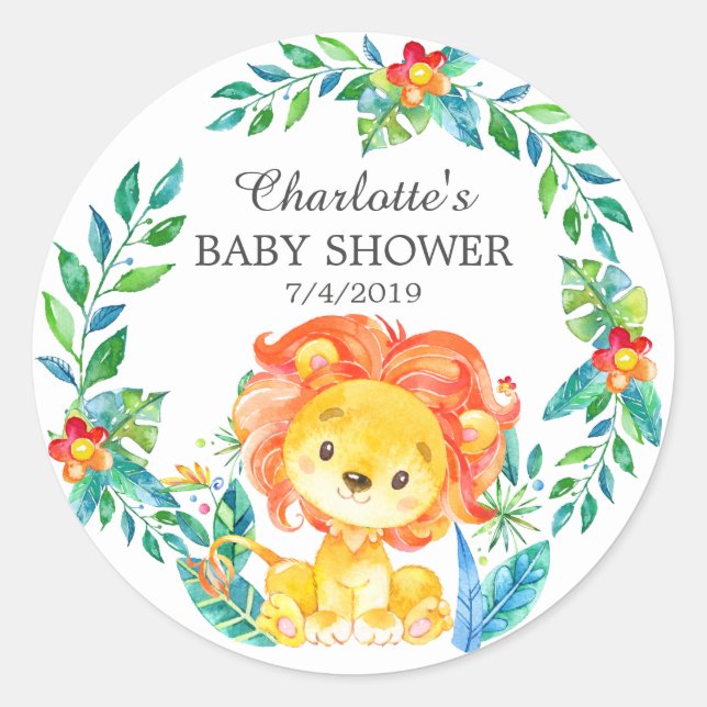 Rond Sticker de Baby shower de Lion Jungle Merci Favori (Devant)
