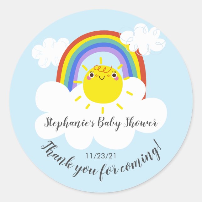 Rond Sticker de Baby shower Sunshine Arc-en-ciel (Devant)