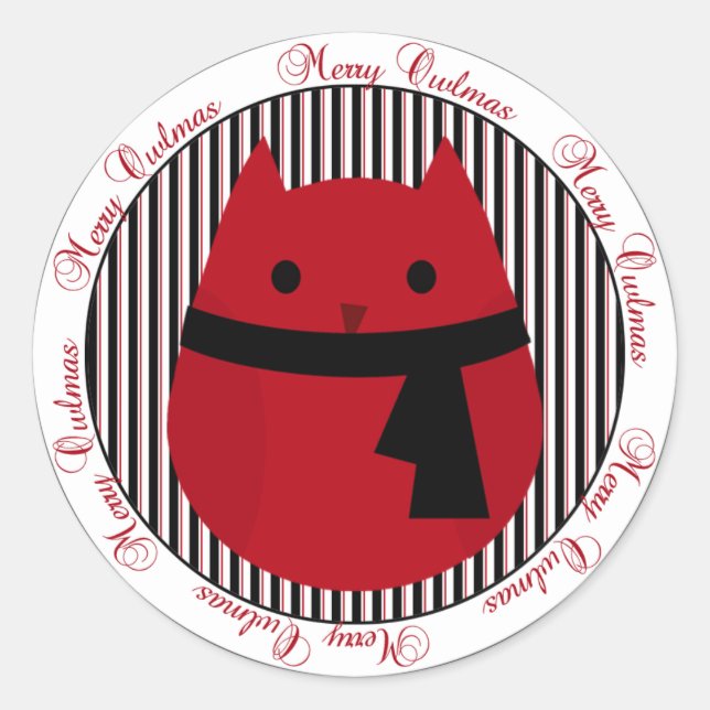 Rond Sticker de Chouette de Noël Joyeux Owlmas Rouge No (Devant)