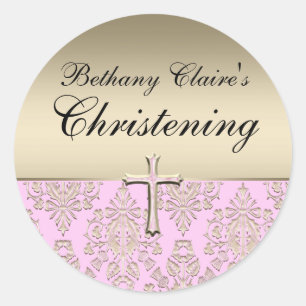 Rond Sticker de Christening Pink & Gold Damask