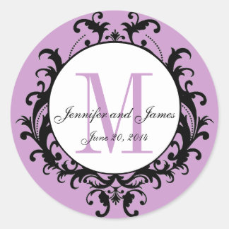 Rond Sticker de date de Monogramme Mariage violet