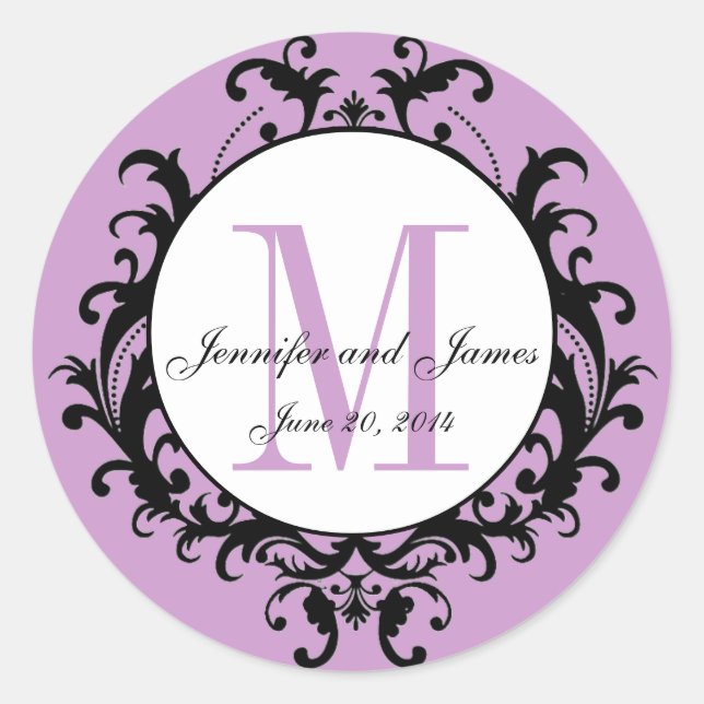 Rond Sticker de date de Monogramme Mariage violet (Devant)