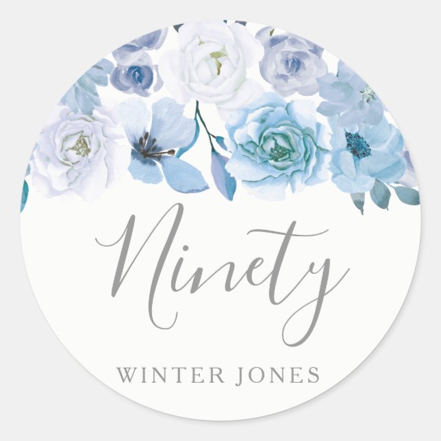 Rond Sticker de fête 90e anniversaire de fleurs blanche (Devant)